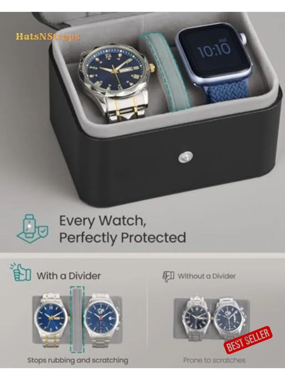 2-Slot Watch Travel Case with Hidden Storage, Adjustable Divider